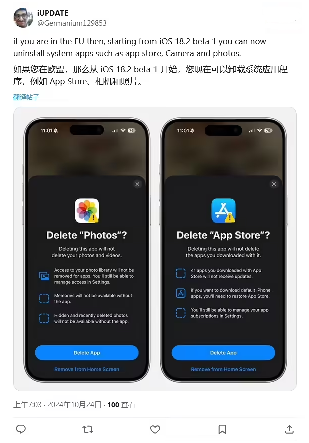 泌阳苹果手机维修分享iOS 18.2 支持删除 App Store 应用商店 