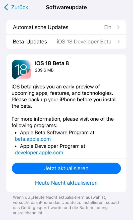 泌阳苹果手机维修分享苹果 iOS / iPadOS 18 开发者预览版 Beta 8 发布 